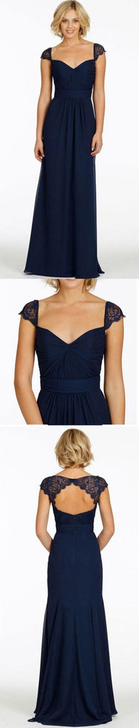 Cap Sleeve Open Back Chiffon Navy Blue Formal Cheap Bridesmaid Dresses, WG43
