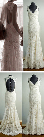 Vantage Μπεζ Δαντέλα Ανοίξτε Πίσω τον Καιρό Γοργόνα Κόμμα του Γάμου Φορέματα, Νυφικά Φόρεμα, WD0042