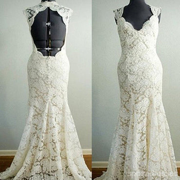 Vantage Μπεζ Δαντέλα Ανοίξτε Πίσω τον Καιρό Γοργόνα Κόμμα του Γάμου Φορέματα, Νυφικά Φόρεμα, WD0042