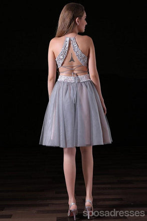 Sexy Dos Piezas Backless Gris Short Barato Homecoming Vestidos En Línea, CM570
