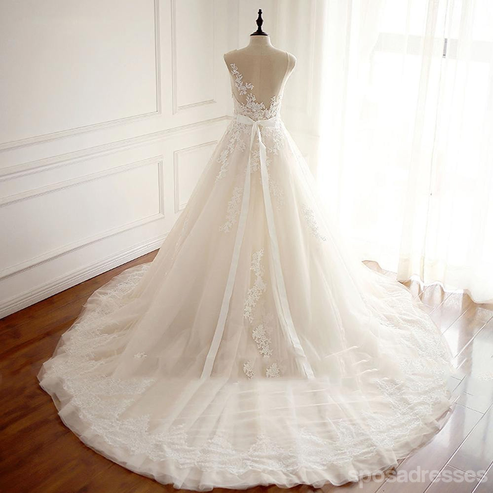 Sexy See through Lace Beaded Scoop Neckline Une ligne Wedding Bridal Dresses, abordable Custom Made Wedding Bridal Dresses, WD263