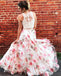 Two Pieces Lace Bodice Printed Flower Skirt Long Evening Prom Dresses, 17576
