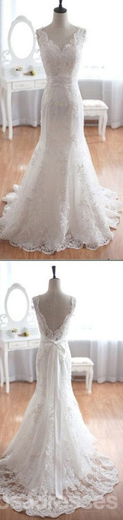 Décolleté en pointe élégant populaire longue sirène robe de mariée de lacet blanche, robes du parti de mariage, WD0045