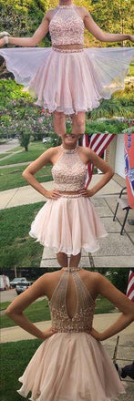 Champagne Two Pieces Beading Short Φτηνά Homecoming Online, CM572