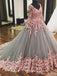 Long Sleeve V neckline Pink Lace Custom Long Evening Prom Dresses, 17379