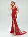 Sexy Backless Maroon Lace Side Slit Deep V Neckline Mermaid Long Evening Prom Dresses, 17531