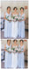 V Neck Blue Chiffon Φτηνές μακρά φθηνά φορέματα παράνυμφων σε απευθείας σύνδεση, WG673
