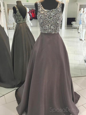 Sexy Backless Grey Beaded V Neck A-line Long Evening Prom Dresses, 17517