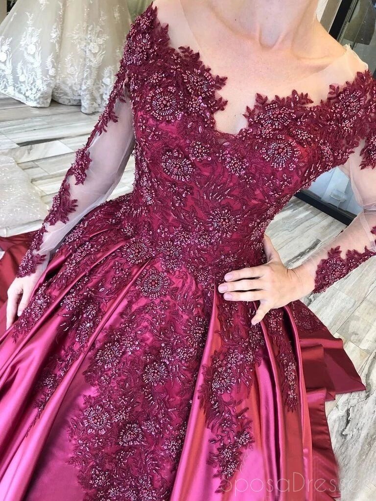 Long Sleeves Lace Applique Purple Long Evening Prom Φορέματα, Βραδινά Πάρτι Φορέματα, 12177