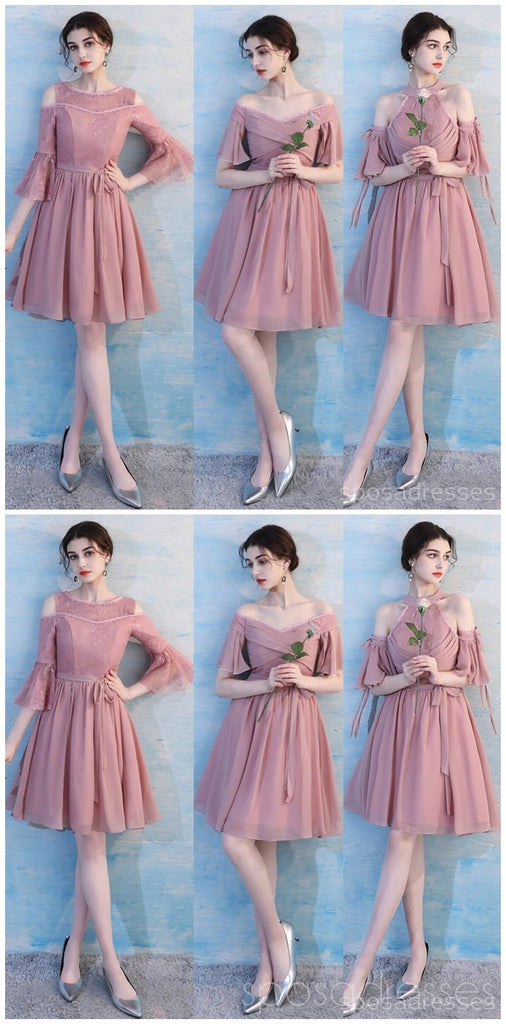 Dusty Pink Chiffon Misincompatíveis Simples Short Bridesmaid Vestidos Online, WG514