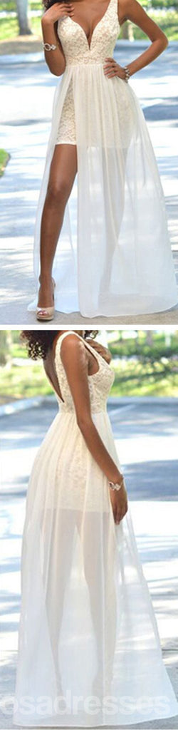Robes de parti de mariage en mousseline de fente de côté de lacet ivoire simples populaires bon marché, WD0048