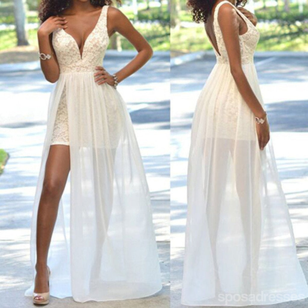 Robes de parti de mariage en mousseline de fente de côté de lacet ivoire simples populaires bon marché, WD0048