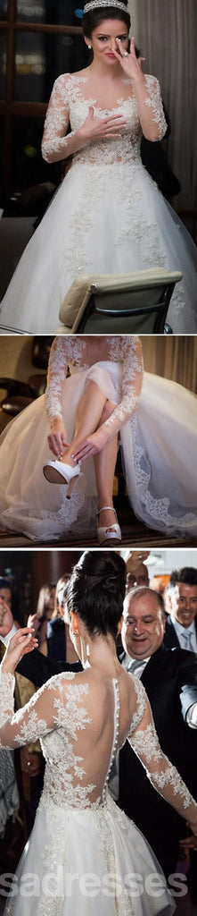 Charmante dentelle à manches longues populaire voir à travers les robes de soirée de mariage, WD0049