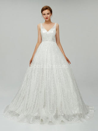 Sexy Backless Sequin V Neck Robes de mariée pas cher en ligne, Robes de mariée pas cher, WD551