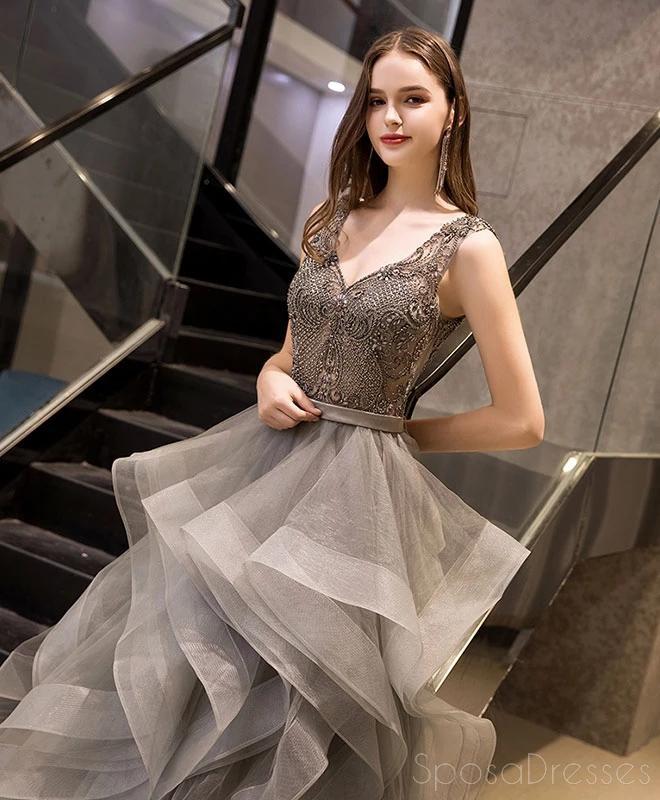 V Neck Grau Stark Beaded Ruffle Ball Gown Abend Prom Dresses, Abend Party Prom Dresses, 12208