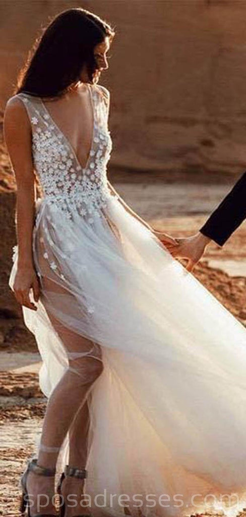 V cuello alinea cordón trajes de novia largos baratos vestidos nupciales en línea, baratos, WD521