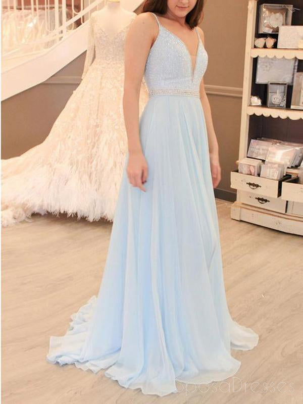 Pale Blue Sexy Backless V Neck Spaghetti Straps Long Evening Prom Dresses, 17650