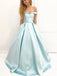 Simple  Off Shoulder Tiffany Blue Satin A line Long Custom Evening Prom Dresses, 17442