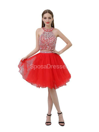 Halter dos piezas rojo Rhinestone barato Homecoming vestidos en línea, baratos vestidos cortos de fiesta, CM805