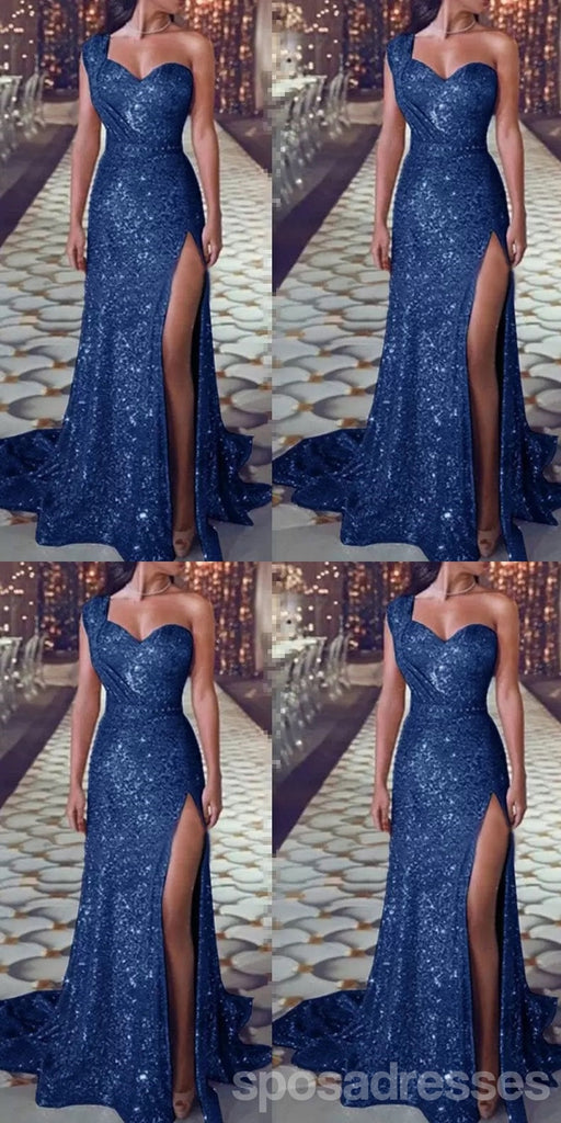 Blue Mermaid One Shoulder High Slit Cheap Long Prom Dresses,12973