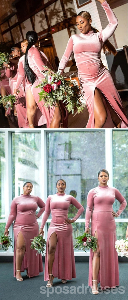 Pink Mermaid Long Sleeves Side Slit Cheap Bridesmaid Dresses,WG1530