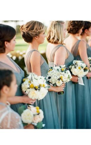 V Neck Πράσινο Προσαρμοσμένο Tulle Long Φτηνές Bridesmaid Φορέματα Online, WG341