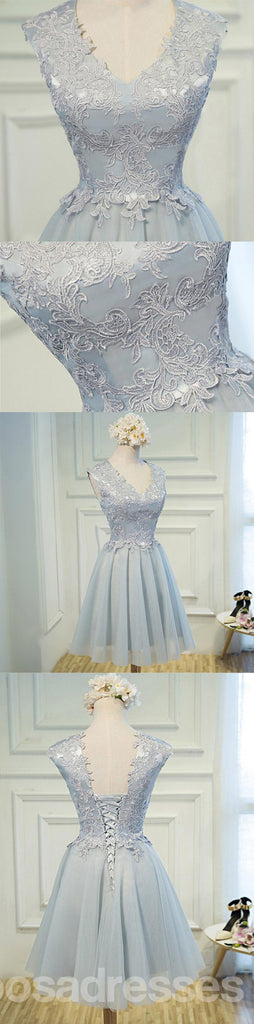 Popular V Neckline Gray Lace Tulle Short Homecoming Prom Dresses, Affordable Short Party Prom Sweet 16 Dresses, Perfect Homecoming Cocktail Dresses, CM365