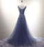 V-Ausschnitt Staubblau Perlen A-Linie lange Abend Abendkleider, 17620