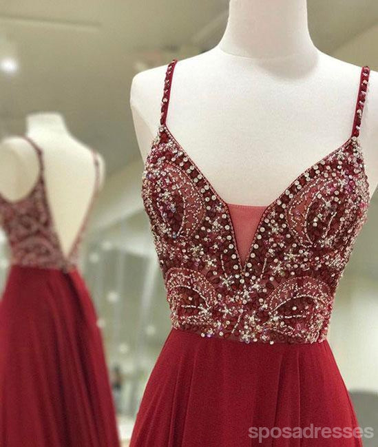 Sexy Backless Maroon Deep V Neckline Heavily Beaded A line Long Evening Prom Dresses, Popular Cheap Long 2018 Party Prom Dresses, 17262