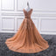Sexy Deep V Neckline Brown A line Lace Long Evening Prom Dresses, Popular Cheap Long 2018 Party Prom Dresses, 17237