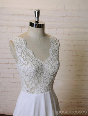 Vestidos de novia de playa baratos con cuello en V y encaje sin espalda sexy en línea, WD387