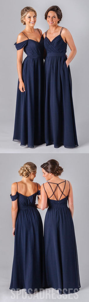 Mismatched Chiffon Navy Blue Floor-Length A Line Sexy Bridesmaid Dresses, WG52