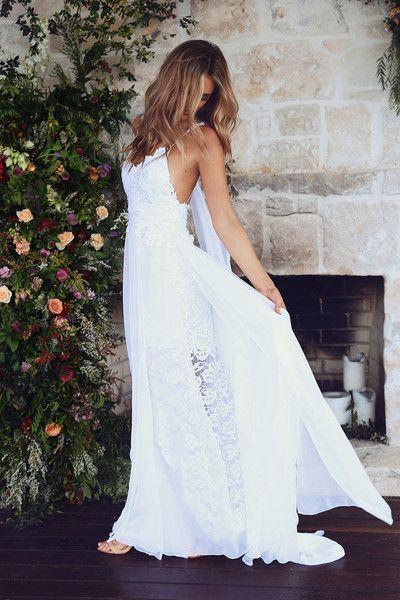 Spahgetti Straps V Neck Side Slit Simple Beach Wedding Dresses, WD327