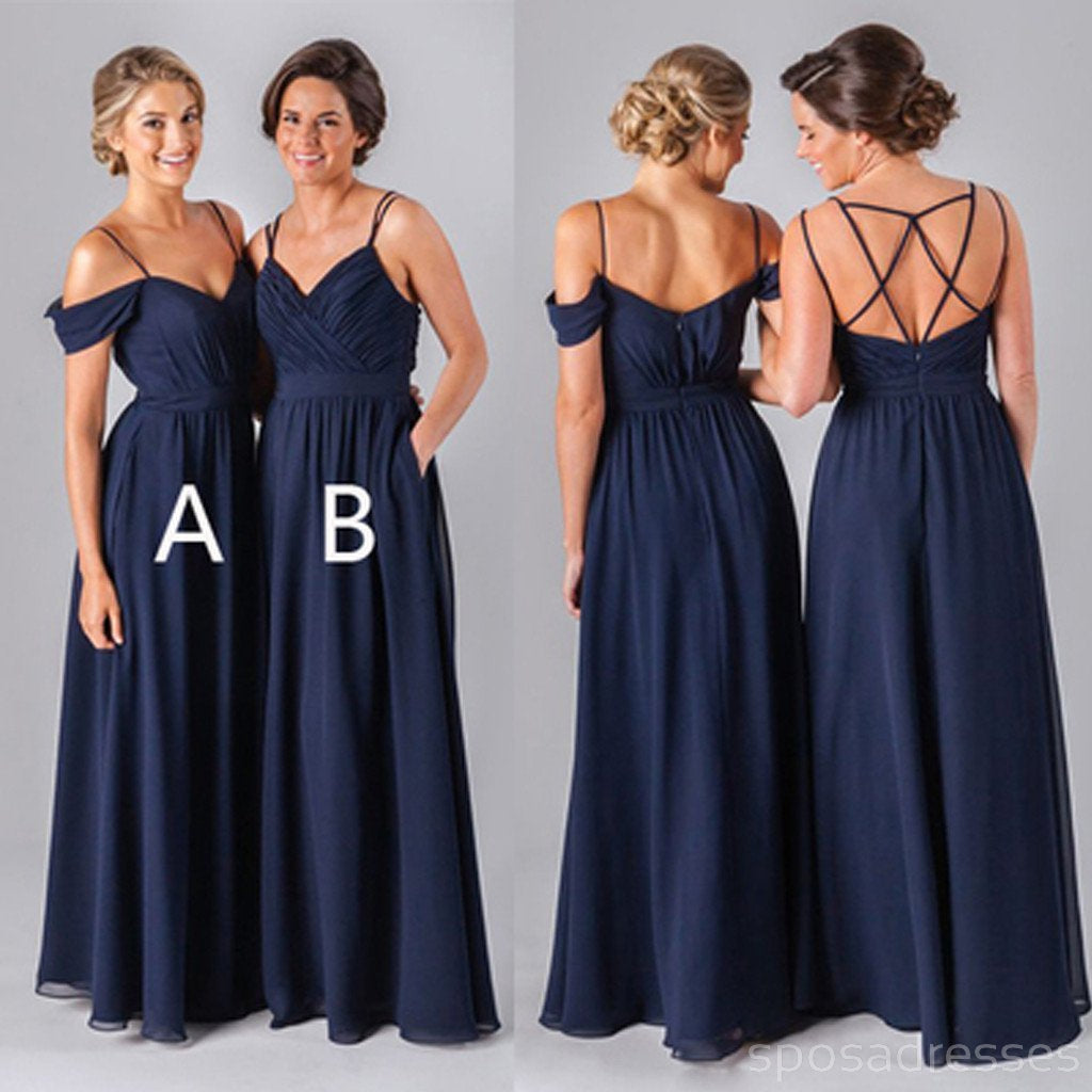 Mismatched Chiffon Navy Blue Floor-Length A Line Sexy Bridesmaid Dresses, WG52