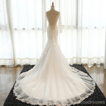 Vestidos de casamento de casamento de sereia de cadarço de manga longos sem encosto sexy, vestidos de casamento de casamento feitos alfandegários baratos, WD272