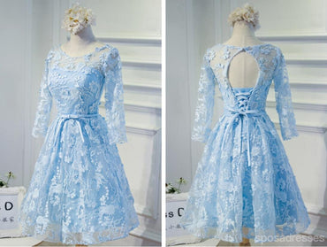 Manga longa Cadarço traseiro Aberto Azul Vestidos de Baile para os estudantes de Regresso para casa Atraentes, Vestidos de Baile para os estudantes Partidários Curtos Disponíveis, Vestidos de Regresso para casa Perfeitos, CM314