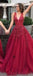 Σκούρο κόκκινο V Neck A-line Tulle Long Evening Prom Dresses, Evening Party Prom Dresses, 12179