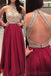Sexy espalda abierta cabestro rojo oscuro dos cuentas vestidos de fiesta largos de noche personalizados, 17481
