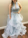 Sexy Two Pieces High Neck Pale Blue A line Long Evening Prom Dresses, 17532