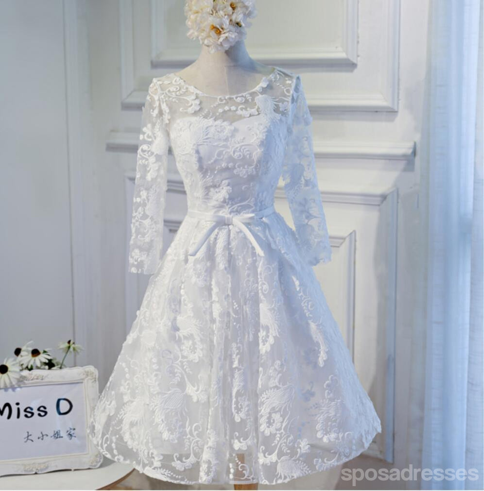 Μακρυμάνικο λευκό ανοιχτό πίσω δαντέλα Χαριτωμένα φορέματα Homecoming Prom, Προσιτά φορέματα κοντό πάρτι Prom, τέλεια φορέματα Homecoming, CM315