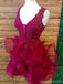 Cuello en V Borgoña Corto Encaje Vestidos de Fiesta Baratos en línea, CM579