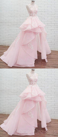 Halter δαντέλα υψηλή χαμηλή ροζ organza μακρά βράδυ prom φορέματα, φτηνές custom γλυκό 16 φορέματα, 18461
