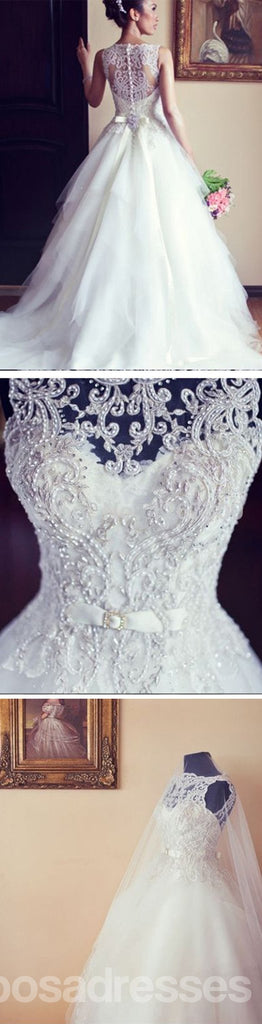 Alta calidad mucho tiempo alinea cordón trajes de novia sin mangas con perlas, WD0056