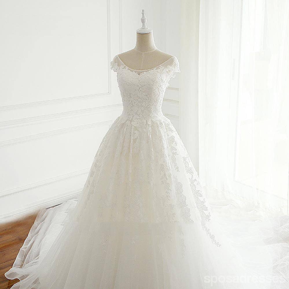 Cap Sleeve Scoop Neckline Lace A line Wedding Bridal Dresses, Cheap Custom Made Wedding Bridal Dresses, WD274