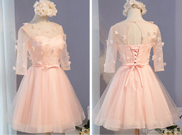 Pêssego de luz de manga longo cadarço posterior aberto vestidos de baile para os estudantes de regresso para casa atraentes, vestidos de baile para os estudantes partidários curtos disponíveis, vestidos de regresso para casa perfeitos, CM319