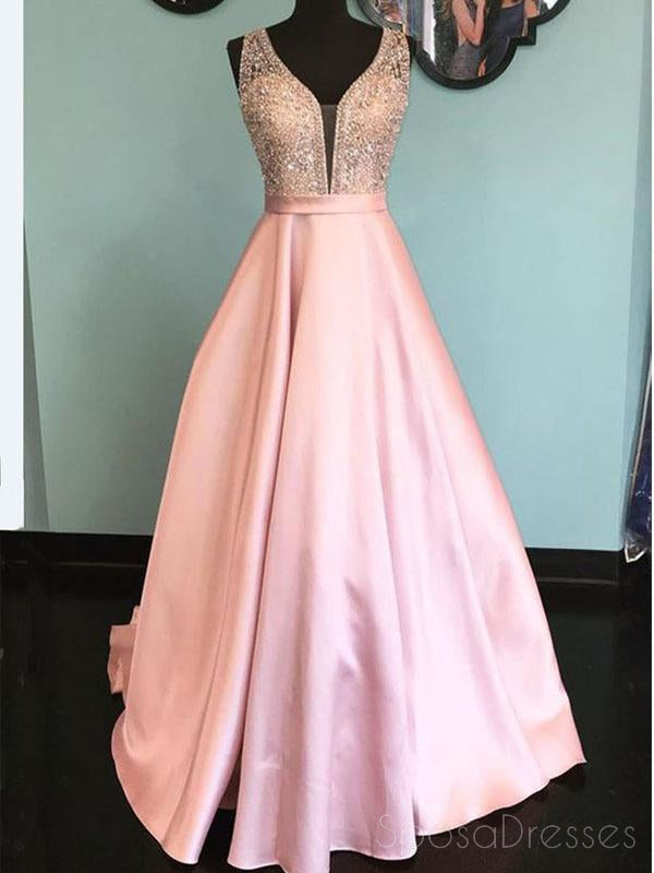 V Neck Pink A line Heavliy Beaded Long Βραδινά Prom Φορέματα, 17540