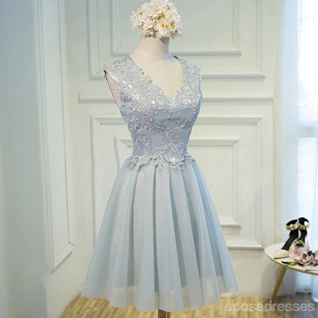 Popular V Neckline Gray Lace Tulle Short Homecoming Prom Dresses, Affordable Short Party Prom Sweet 16 Dresses, Perfect Homecoming Cocktail Dresses, CM365