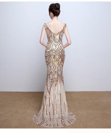 Vestidos de fiesta largos de noche de sirena de lentejuelas doradas con cuello en V, vestidos de encargo baratos de Sweet 16, 18517