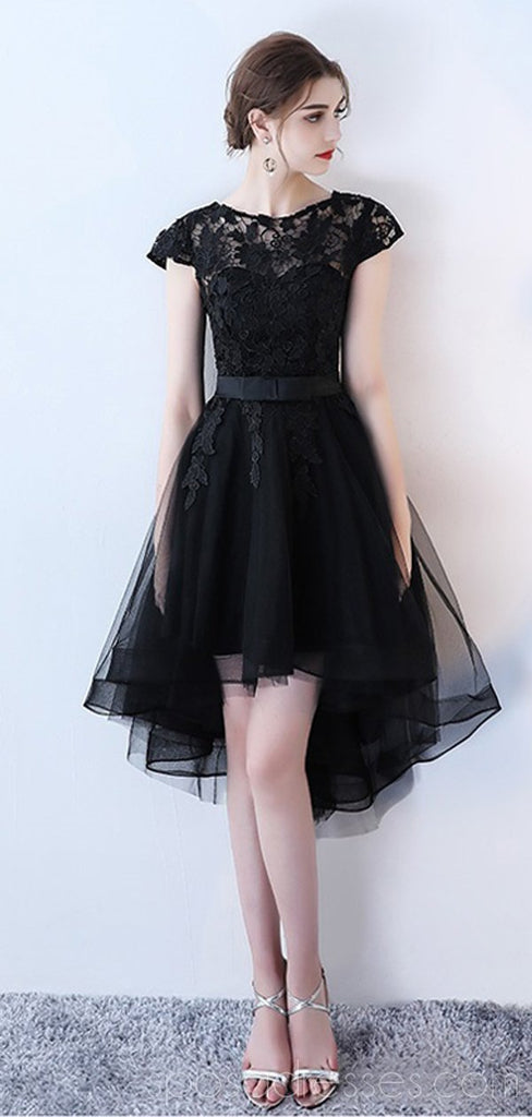 Vestidos de fiesta de encaje negros con mangas altas y bajas en línea, vestidos de fiesta cortos baratos, CM800