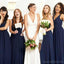 V cuello azul azul gasa largo barato vestidos de dama de honor en línea, WG609